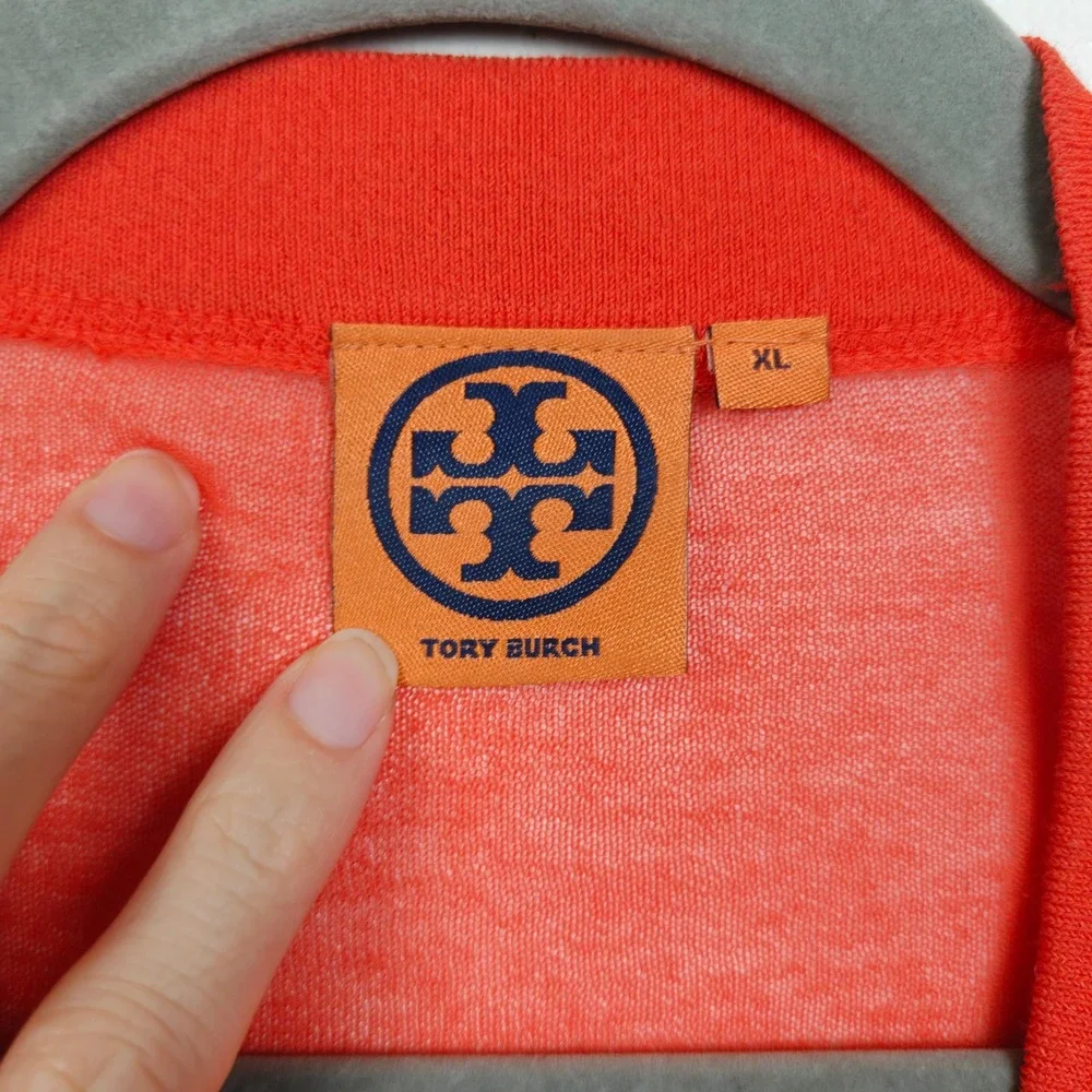 Tory Burch Womens Sweater XL Red Sheer V-Neck Button Front Cardigan Preppy